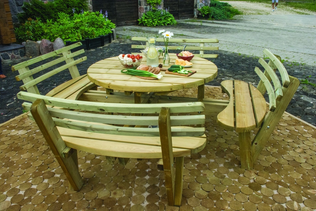 RONDE PICKNICKTAFEL MET RUGLEUNING DIA 120CM